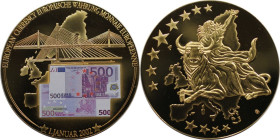 Medaillen und Jetons, Gedenkmedaillen. Farbmedaille - 500 Euro Schein - Europäische Währung 1. Januar 2002. Polierte Platte