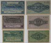 Banknoten, Deutschland / Germany, Lots und Sammlungen. Notgeld Cottbus, Brandenburg. 5, 10, 20 Mark 20.11.1918. Geiger 85.01a, 02a, 03. Lot von 3 Bank...