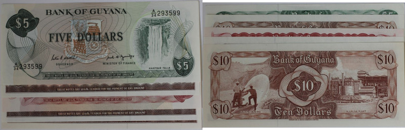 Banknoten, Guyana, Lots und Sammlungen. 1 Dollars, 5 Dollars, 3 x 10 Dollars ND ...