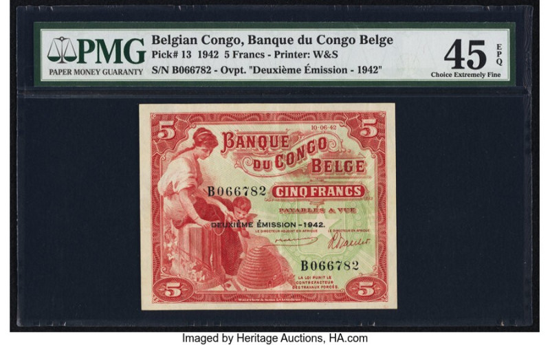 Belgian Congo Banque du Congo Belge 5 Francs 10.6.1942 Pick 13 PMG Choice Extrem...