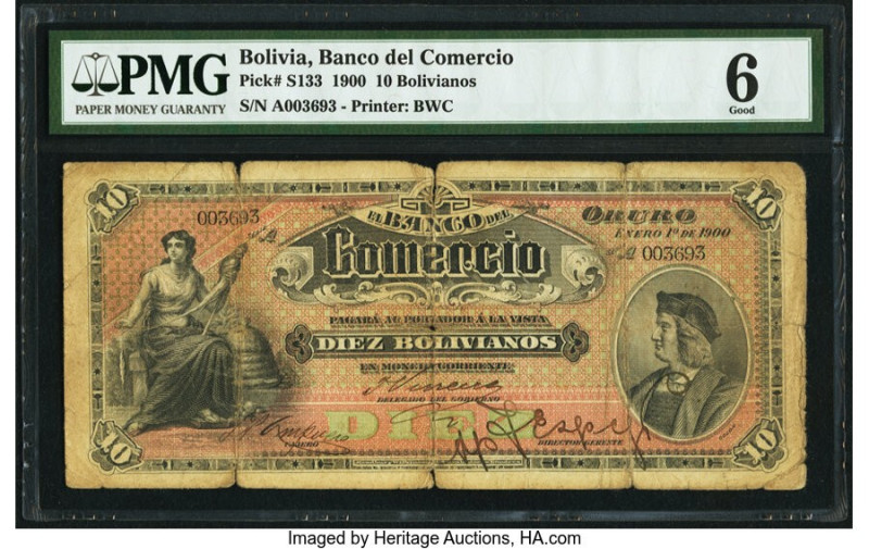Bolivia Banco del Comercio 10 Bolivianos 1.1.1900 Pick S133 PMG Good 6. Splits a...