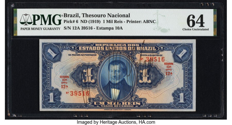 Brazil Thesouro Nacional 1 Mil Reis ND (1919) Pick 6 PMG Choice Uncirculated 64....