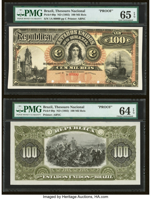 Brazil Thesouro Nacional 100 Mil Reis ND (1892) Pick 60p Front and Back Proof PM...