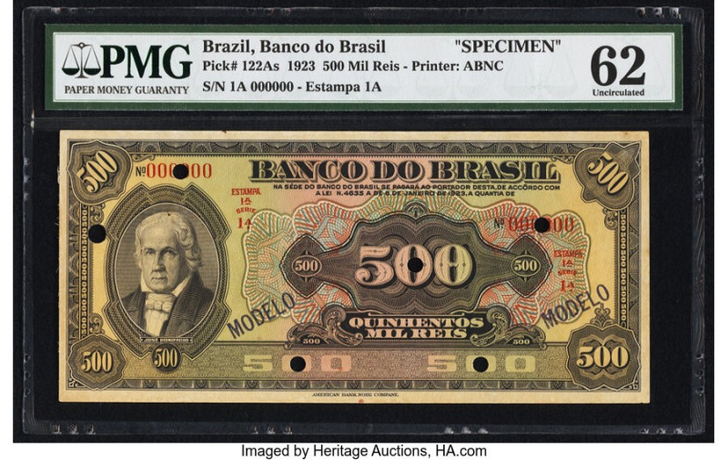 Brazil Banco do Brasil 500 Mil Reis 8.1.1923 Pick 122As Specimen PMG Uncirculate...