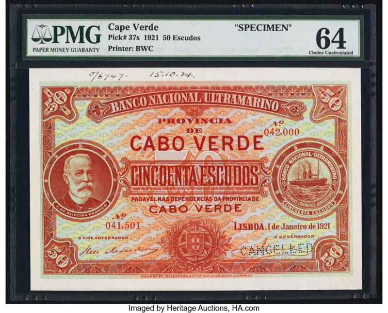 Cape Verde Banco Nacional Ultramarino 50 Escudos 1.1.1921 Pick 37s Specimen PMG ...
