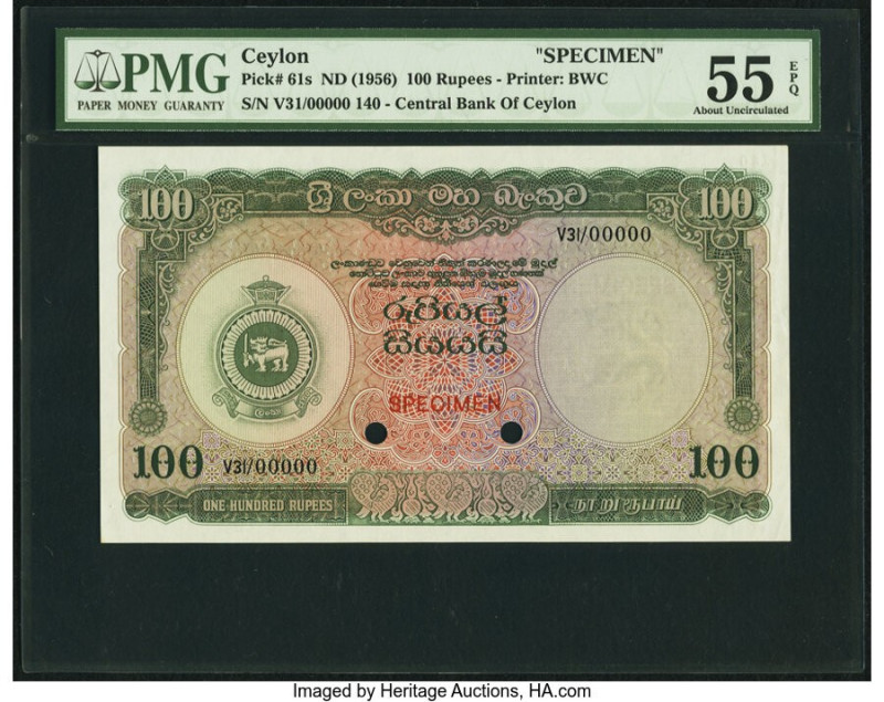 Ceylon Central Bank of Ceylon 100 Rupees ND (1956) Pick 61s Specimen PMG About U...