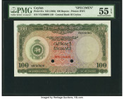 Ceylon Central Bank of Ceylon 100 Rupees ND (1956) Pick 61s Specimen PMG About Uncirculated 55 EPQ. Two POCs and red Specimen overprints are present o...