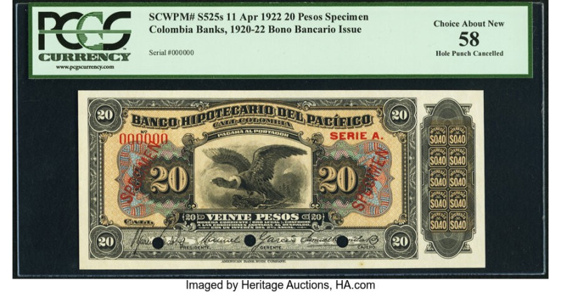 Colombia Banco Hipotecario del Pacifico 20 Pesos ND (1922) Pick S525s Specimen P...