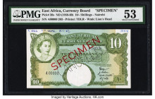 East Africa East African Currency Board 10 Shillings ND (1958-60) Pick 38s Specimen PMG About Uncirculated 53. Previous mounting and a Cancelled perfo...