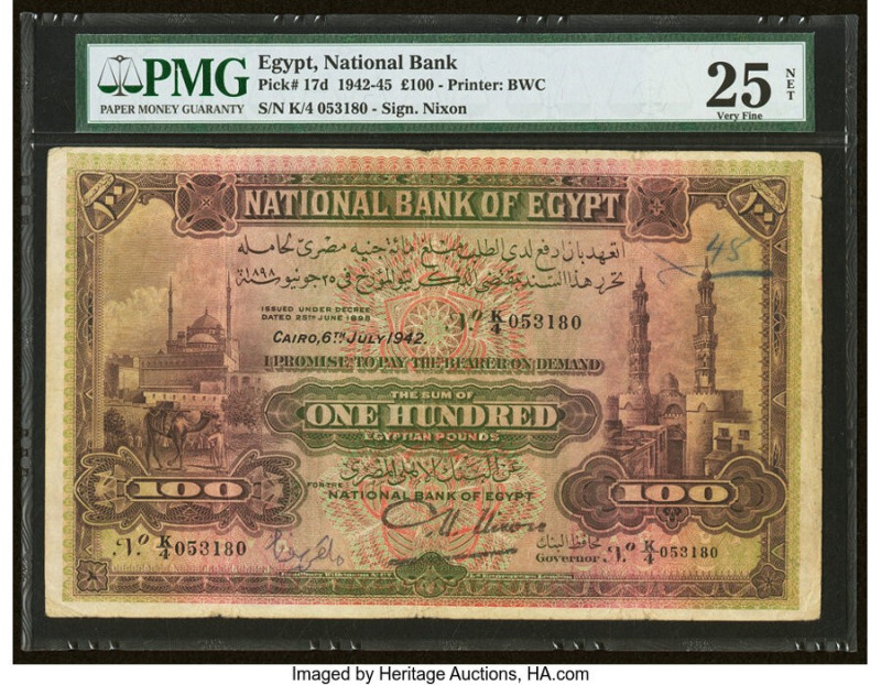 Egypt National Bank of Egypt 100 Pounds 6.7.1942 Pick 17d PMG Very Fine 25 Net. ...