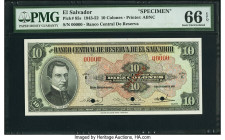 El Salvador Banco Central de Reserva de El Salvador 10 Colones 6.9.1949 Pick 85s Specimen PMG Gem Uncirculated 66 EPQ. Three POCs are present on this ...