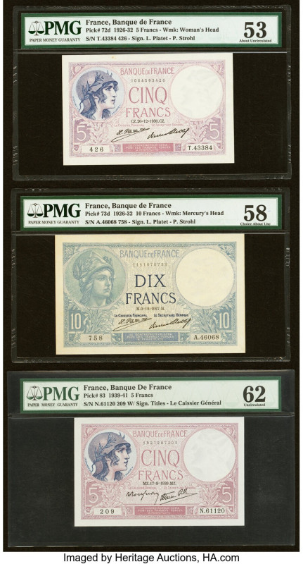 France Banque de France Group Lot of 5 Examples PMG Uncirculated 62; Choice Abou...