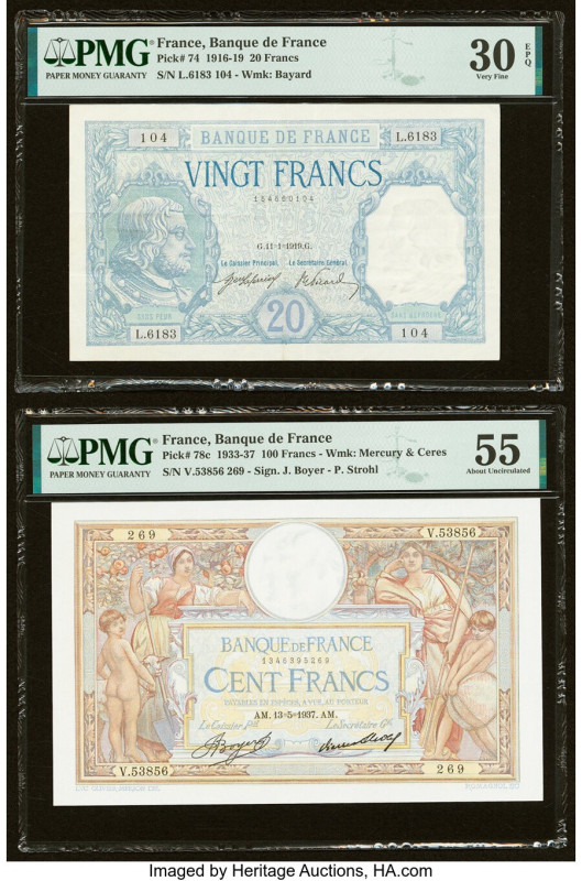 France Banque de France 20; 100 Francs 11.1.1919; 13.5.1937 Pick 74; 78c Two Exa...