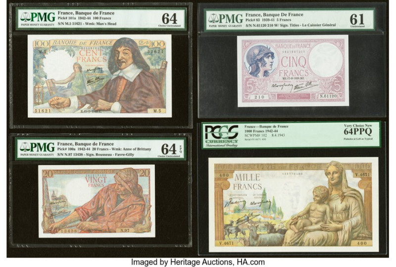 France Banque de France Group Lot of 4 Examples PMG Uncirculated 61; Choice Unci...