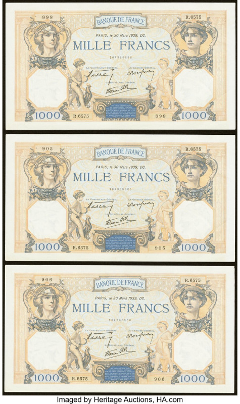 France Banque de France 1000 Francs 30.3.1939 Pick 90c Three Examples Very Fine....