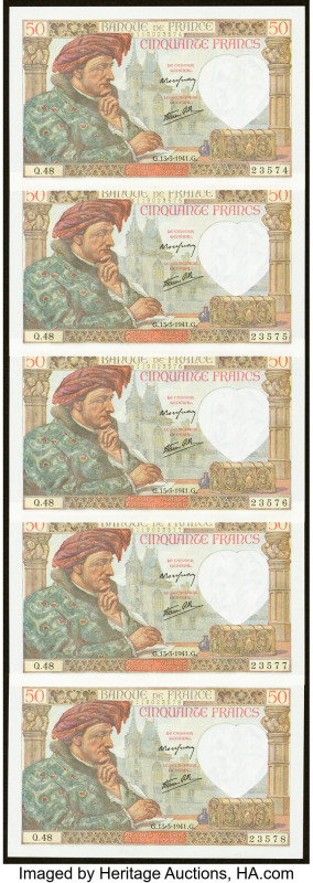 France Banque de France 50 Francs 13.3.1941 Pick 93 Five Consecutive Examples Cr...