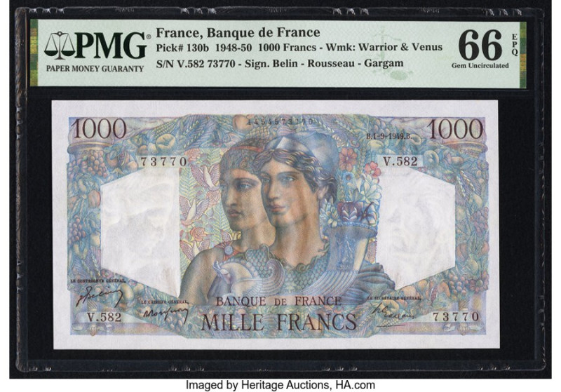 France Banque de France 1000 Francs 1.9.1949 Pick 130b PMG Gem Uncirculated 66 E...