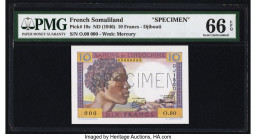 French Somaliland Banque de l'Indochine, Djibouti 10 Francs ND (1946) Pick 19s Specimen PMG Gem Uncirculated 66 EPQ. A perforated Specimen punch is pr...