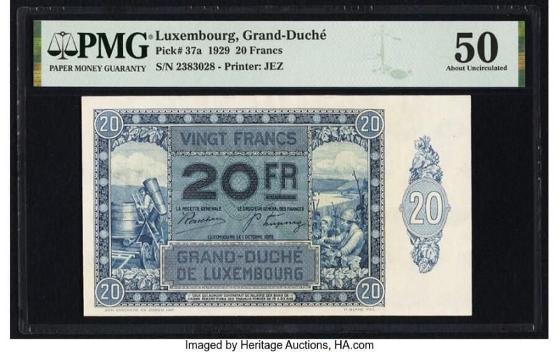 Luxembourg Grand Duche de Luxembourg 20 Francs 1.10.1929 Pick 37a PMG About Unci...