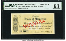 Mexico Compania Real del Monte y Pachuca/Bank of Montreal 10 Pesos ND (1915) Pick S838s Specimen PMG Choice Uncirculated 63. Staple holes are noted on...