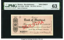 Mexico Compania Real del Monte y Pachuca/Bank of Montreal 20 Pesos ND (1915) Pick S839s Specimen PMG Choice Uncirculated 63. Staple holes are noted on...