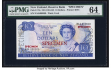 New Zealand Reserve Bank of New Zealand 10 Dollars ND (1981-92) Pick 172s Specimen PMG Choice Uncirculated 64. Specimen perforations and minor stainin...