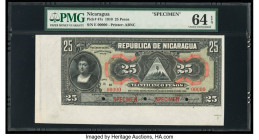 Nicaragua Billete del Tesoro Nacional 25 Pesos 1.1.1910 Pick 47s Specimen PMG Choice Uncirculated 64 EPQ. Red Specimen overprints and three POCs are p...