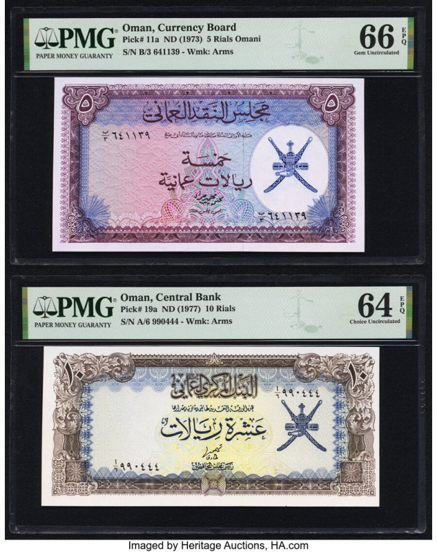Oman Oman Currency Board; Central Bank 5 Rials Omani; 10 Rials ND (1973); (1977)...