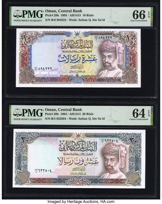 Oman Central Bank of Oman 10; 20 Rials 1993; 1994 Pick 28b; 29b Two Examples PMG...