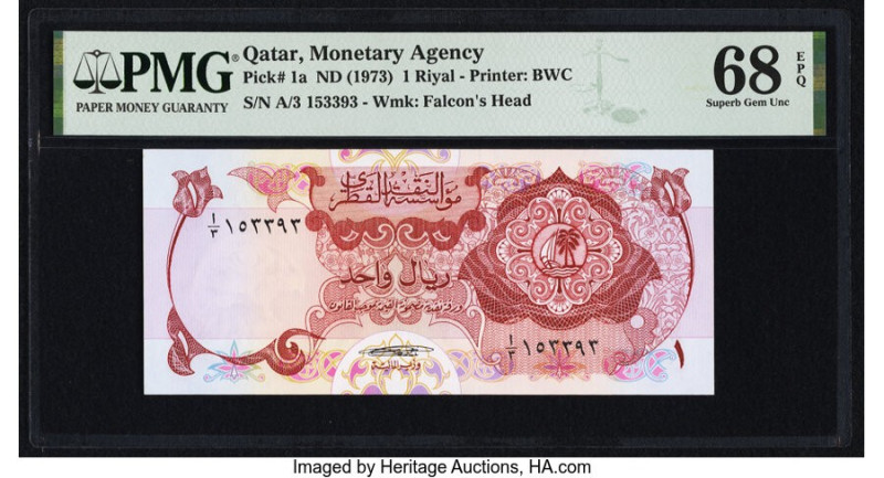 Qatar Qatar Monetary Agency 1 Riyal ND (1973) Pick 1a PMG Superb Gem Unc 68 EPQ....