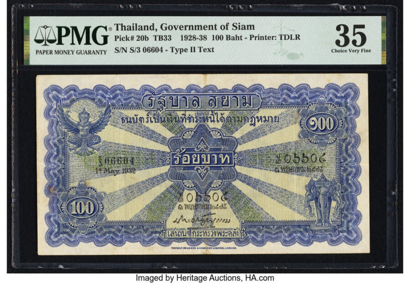 Thailand Government of Siam 100 Baht 1.5.1932 Pick 20b PMG Choice Very Fine 35. ...