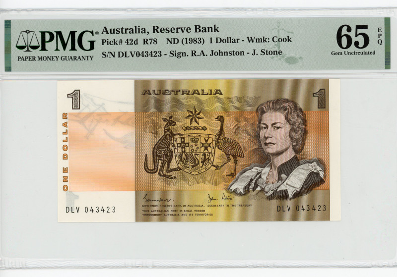 Australia 1 Dollar 1983 (ND) PMG 65
P# 42d, N# 202381; # DLV043423; Elizabeth I...