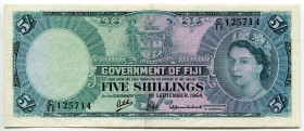 Fiji 5 Shillings 1964
P# 51d, N# 206621; # C/11 125714; Elizabeth II; VF-XF