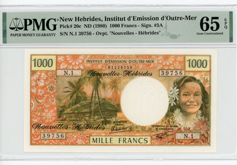 New Hebrides 1000 Francs 1980 (ND) Overprint PMG 65
P# 20c, N# 217183; # N.1 39...