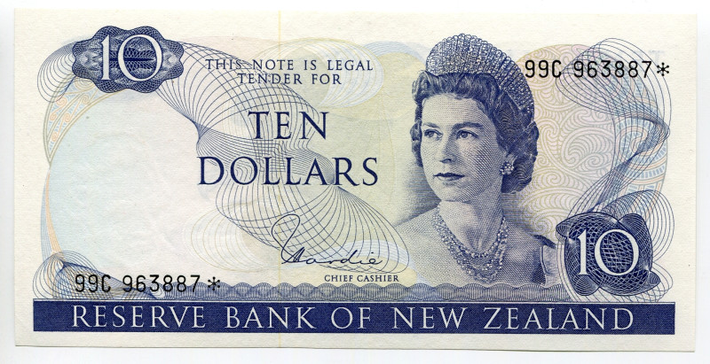 New Zealand 10 Dollars 1977 - 1981 (ND)
P# 166d, N# 202496; # 99C 963887*; Eliz...