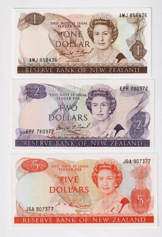 New Zealand 1 - 2 - 5 Dollar 1981
P# 169 - 171, Elizabeth II; UNC