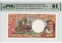 Tahiti 1000 Francs 1977 (ND) Overprint PMG 64 Fancy Number
P# 27b, # O.3 85777