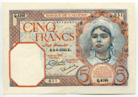 Algeria 5 Francs 1933
P# 77a, N# 207711; # Q.4166 831; AUNC