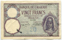Algeria 20 Francs 1929
P# 78b, N# 209057; # A.2904 673; VF
