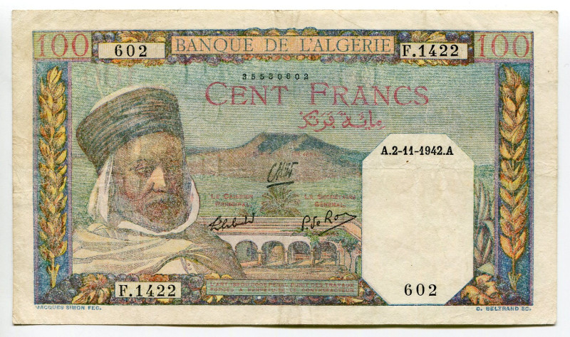 Algeria 100 Francs 1942
P# 88, N# 259079; # 35530602; VF