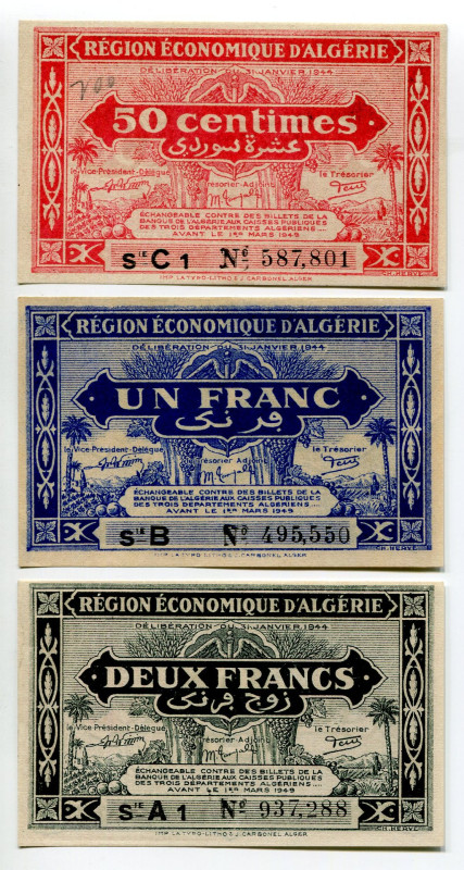 Algeria 50 Centimes, 1 & 2 Francs 1944
P# 97, 98 & 99, UNC