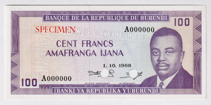 Burundi 100 Francs 1968 Specimen
P# 23as, # A000000; UNC