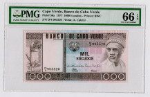 Cabo Verde 1000 Escudos 1977 PMG 66 EPQ
P# 56a, N# 230583; # D/4 985520; UNC