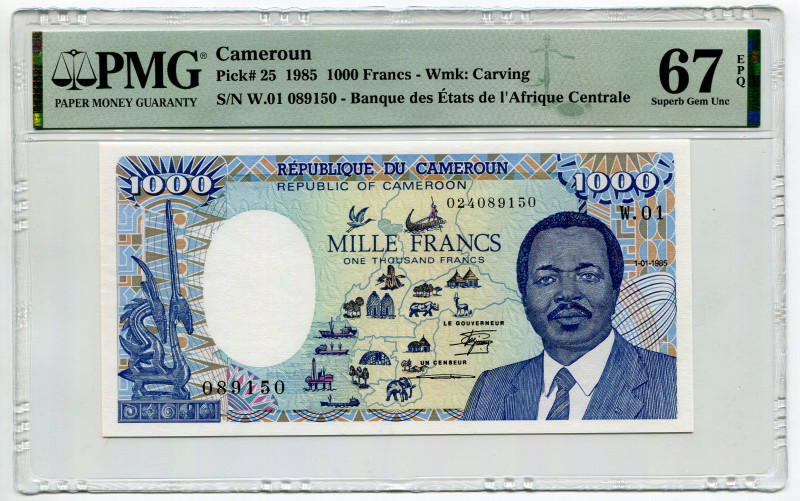 Cameroon 1000 Francs 1985 PMG 67 Map of Chad Error Issue
P# 25, N# 213186; #W01...