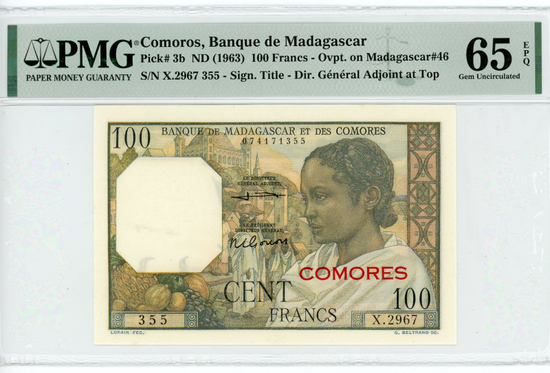 Comoros 100 Francs 1963 (ND) PMG 65 Overprint
P# 3b, N# 258080; # X.2967 355; O...