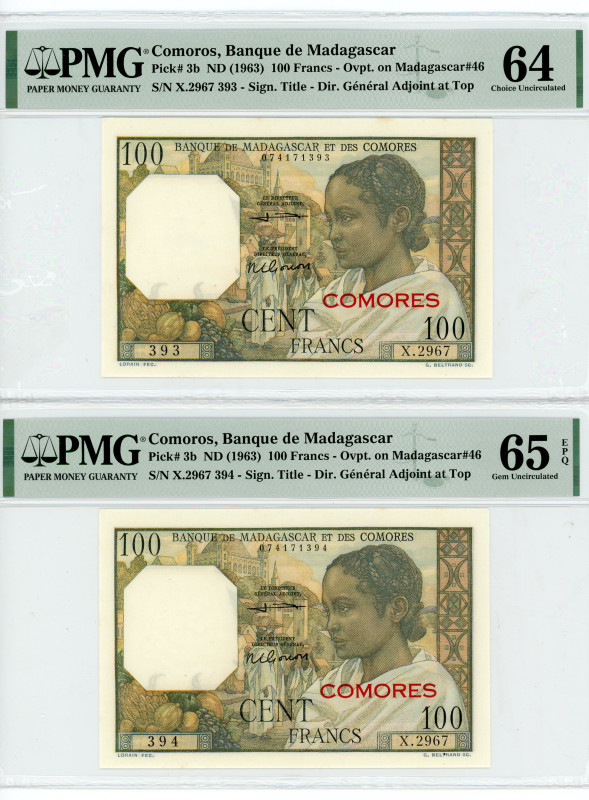 Comoros 2 x 100 Francs 1963 (ND) PMG 64 & 65 Overprint With Consecutive Numbers...