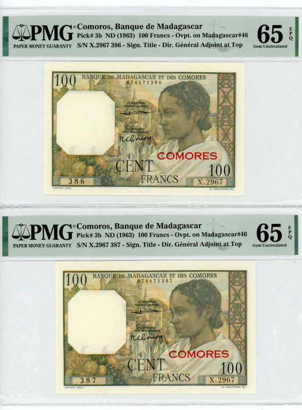 Comoros 3 x 100 Francs 1963 (ND) PMG 65 & 65 & 65 Overprint With Consecutive Num...