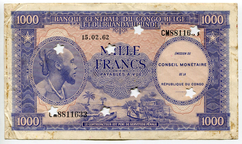 Congo Democratic Republic 1000 Francs 1962 8 Stars
P# 2a, N# 259288; # CM881163...