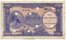 Congo Democratic Republic 1000 Francs 1962 8 Stars
P# 2a, N# 259288; # CM8811633; Perforated with 8 Stars; VF