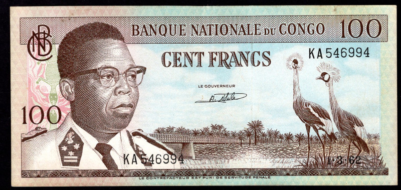 Congo Democratic Republic 100 Francs 1962
P# 6a, N# 259293; # KA546994; VF